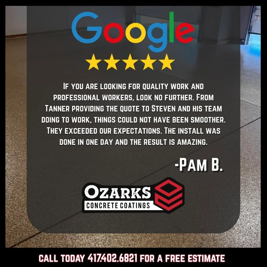 5-star Google review from Pam B. for Ozarks Concrete Coatings