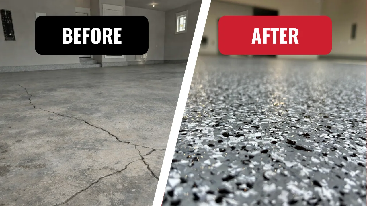 Before and after garage floor transformation by Ozarks Concrete Coatings