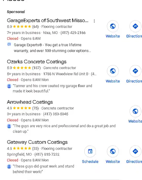 Google search results for concrete coatings Springfield MO showing Ozarks Concrete Coatings with 187 reviews